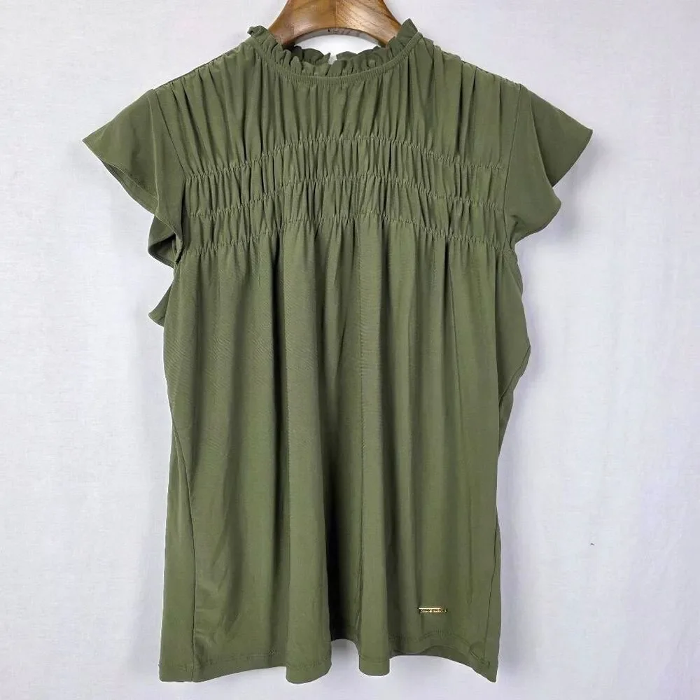 Anne Klein Olive Ruffle Blouse Keyhole Small - Picture 1 of 7